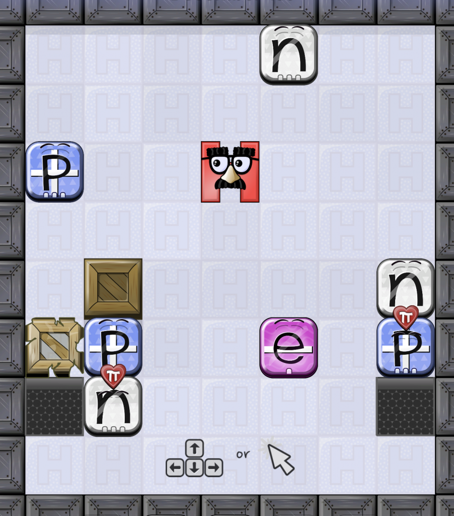 Level in Agent Higgs 2, a grid based game, with a red H as Higgs, three protons, three neutrons, and one electron.  Also a couple holes that look dangerous.